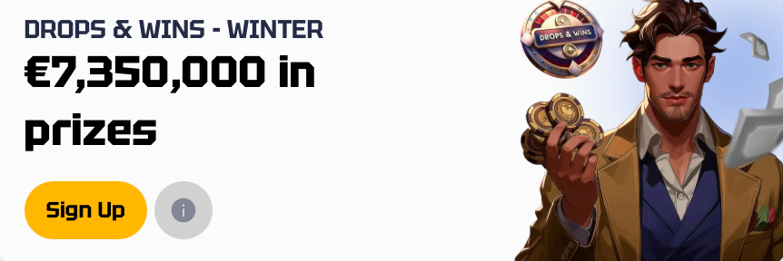 Man holding poker chips for Drops & Wins Winter with a €7,350,000 prize pool.