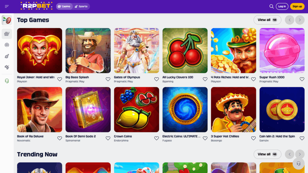 R2PBet website interface showing a 'Top Games' section with various colorful slot game thumbnails