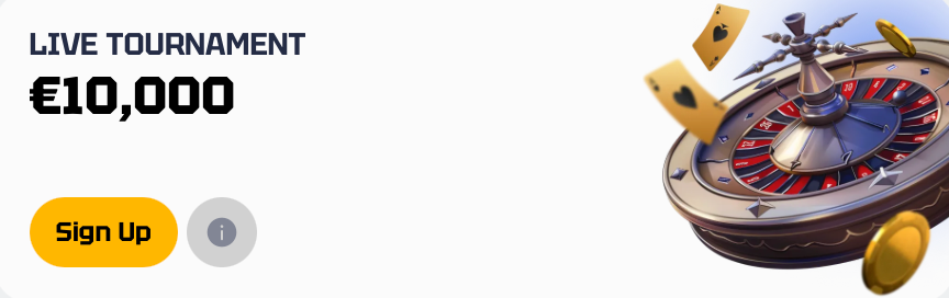 Roulette wheel with flying playing cards for a €10,000 Live Tournament.