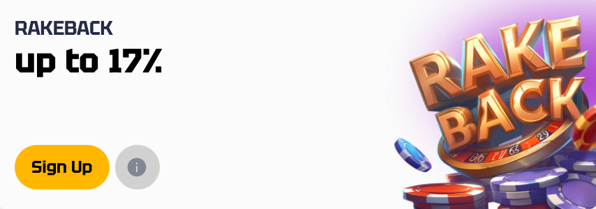 Rakeback up to 17% promotional banner with casino chips.