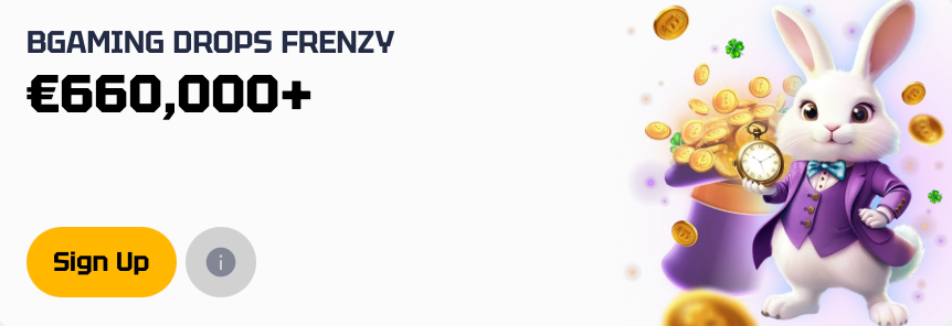 White rabbit in a purple suit for the BGaming Drops Frenzy €660,000+ promo.